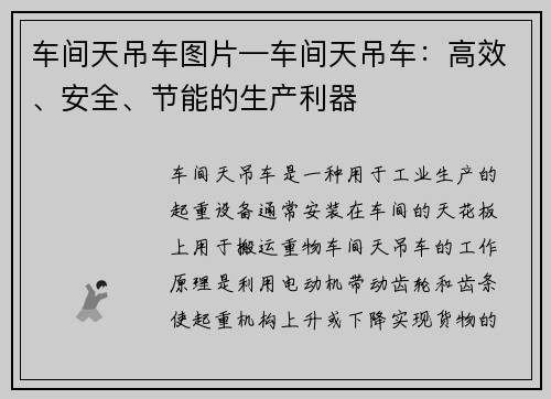 车间天吊车图片—车间天吊车:高效、安全、节能的生产利器